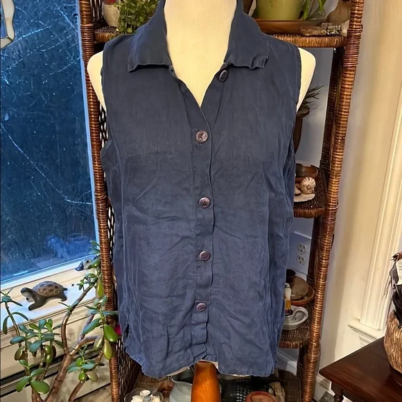Flax by Jeanne Englehart Womens Small Linen Sleeveless Button Down Blouse Blue - Picture 1 of 10